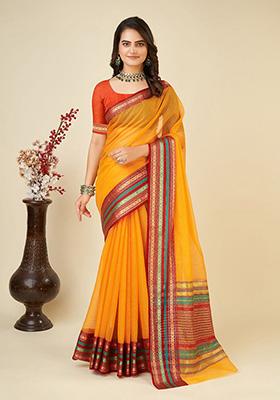 Dark Yellow Woven Semi Cotton Saree Set