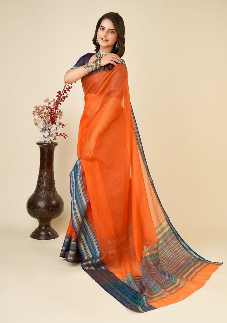 Orange Woven Semi Cotton Saree Set