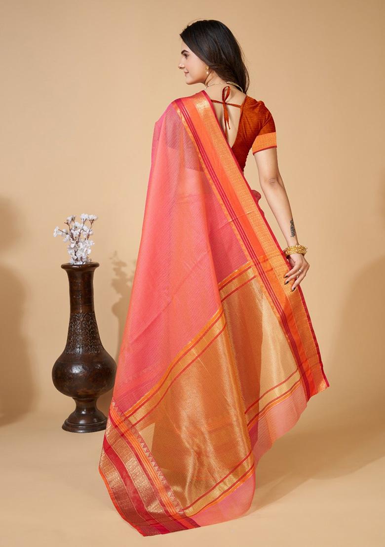 Pink Woven Semi Cotton Saree Set