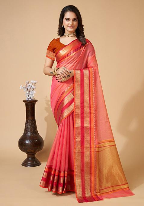 Pink Woven Semi Cotton Saree Set