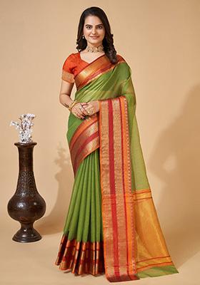 Green Woven Semi Cotton Saree Set
