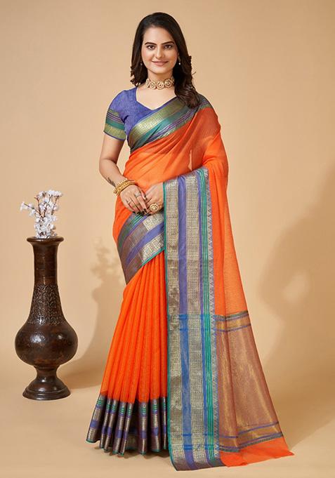 Orange Woven Semi Cotton Saree Set