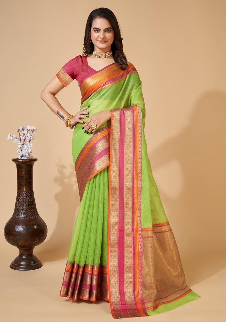 Parrot Green Woven Semi Cotton Saree Set
