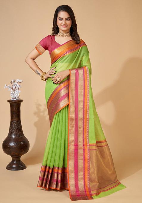 Parrot Green Woven Semi Cotton Saree Set