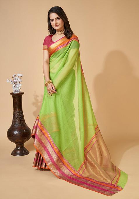Parrot Green Woven Semi Cotton Saree Set