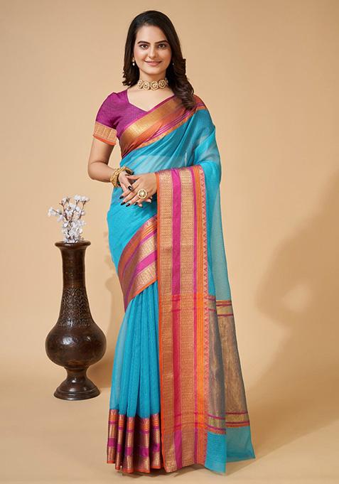 Sky Blue Woven Semi Cotton Saree Set