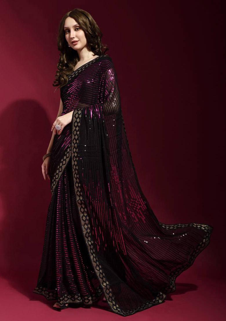 Black Sequin Embroidered Georgette Saree Set - Indya