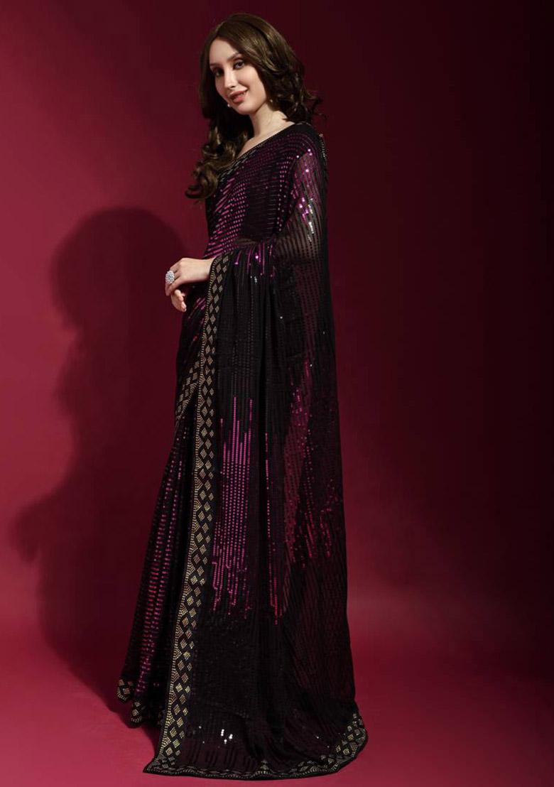 Black Sequin Embroidered Georgette Saree Set - Indya
