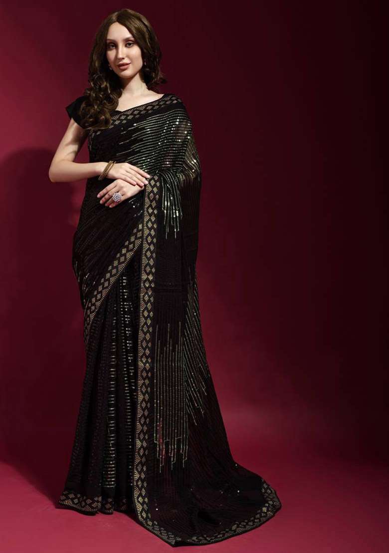 Black Sequin Embroidered Georgette Saree Set for Diwali and Festive Wear - Indya