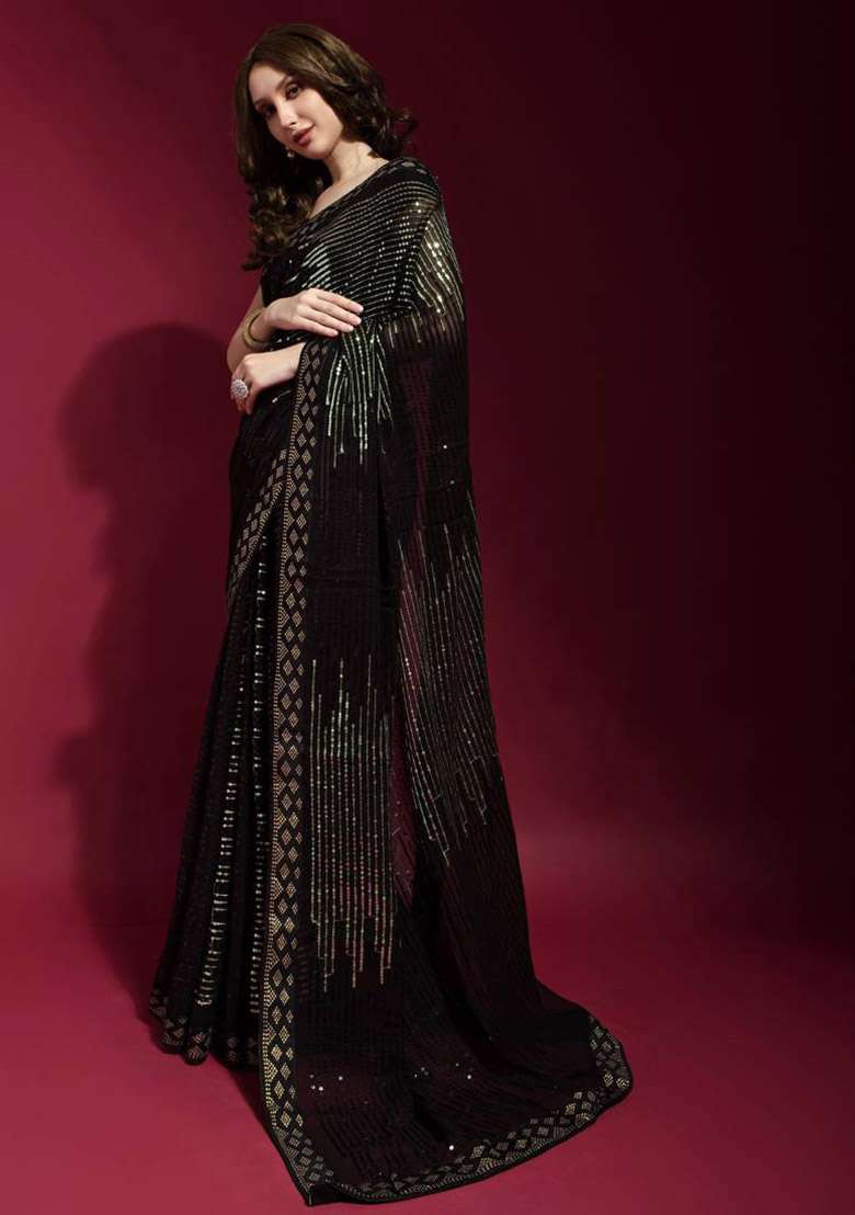 Black Sequin Embroidered Georgette Saree Set for Diwali and Festive Wear - Indya