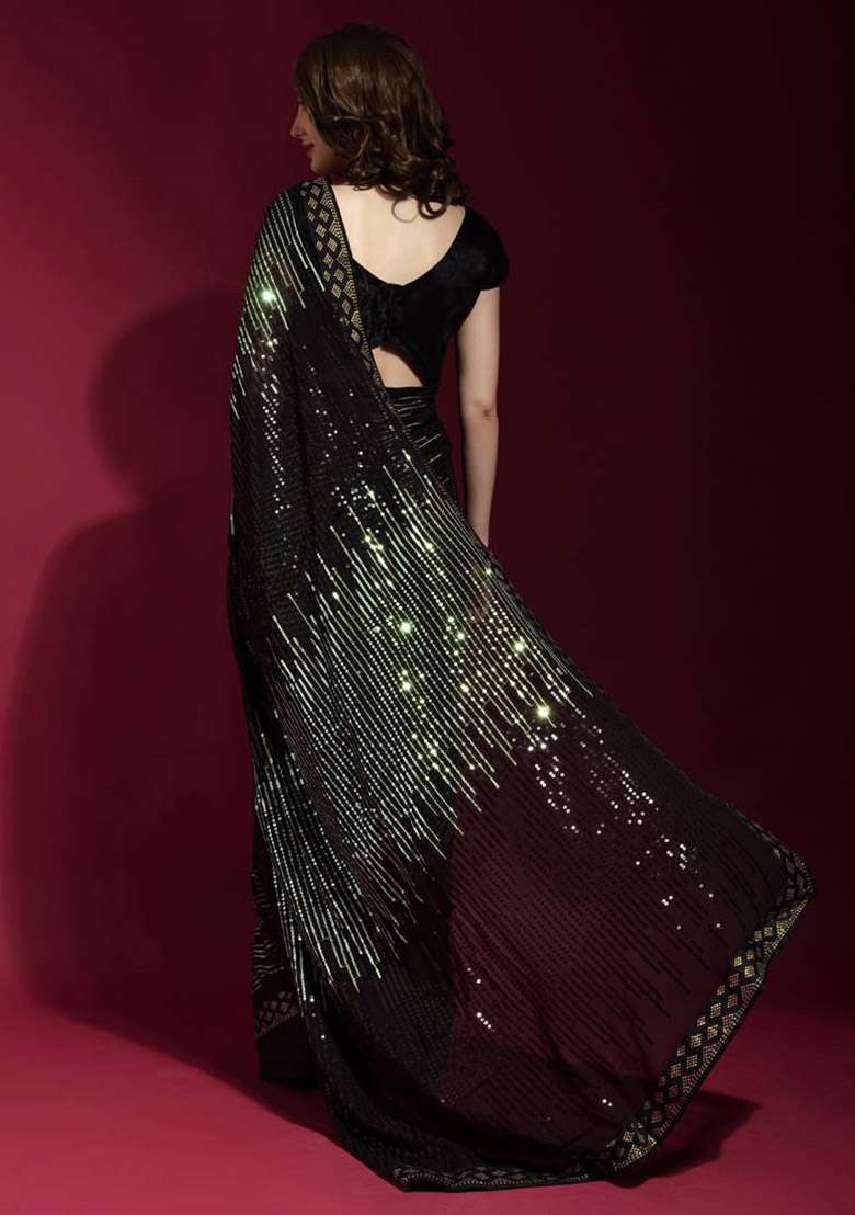 Black Sequin Embroidered Georgette Saree Set for Diwali and Festive Wear - Indya