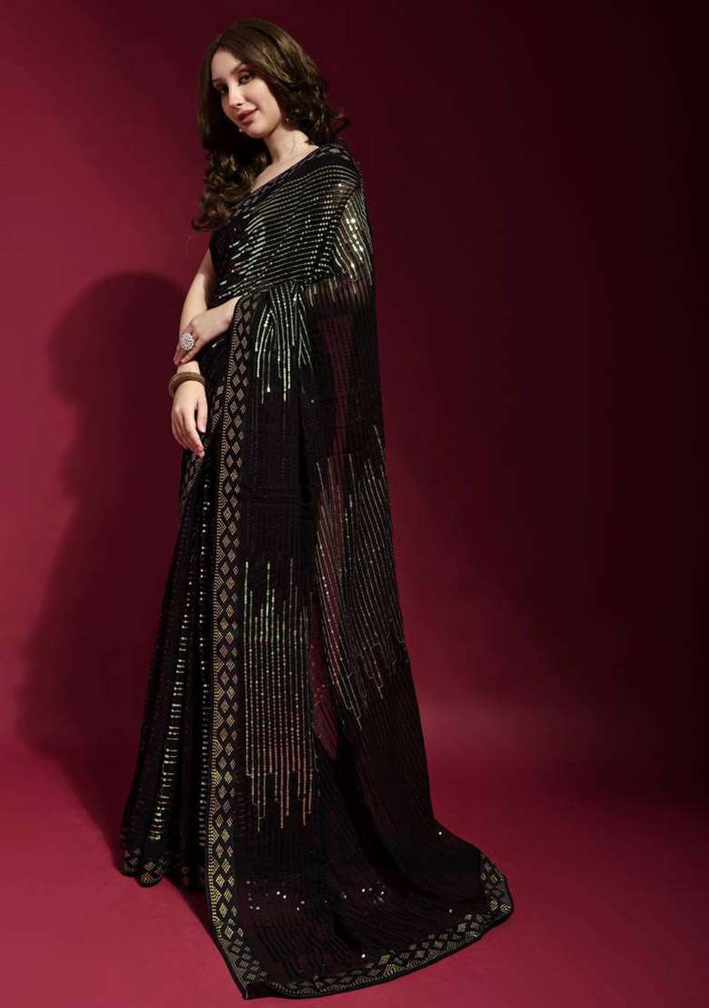Black Sequin Embroidered Georgette Saree Set for Diwali and Festive Wear - Indya