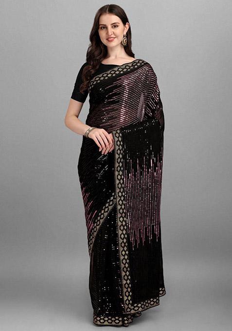 Purple Sequin Embroidered Georgette Saree Set