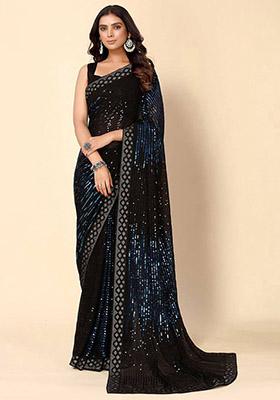 Blue Sequin Embroidered Georgette Saree Set