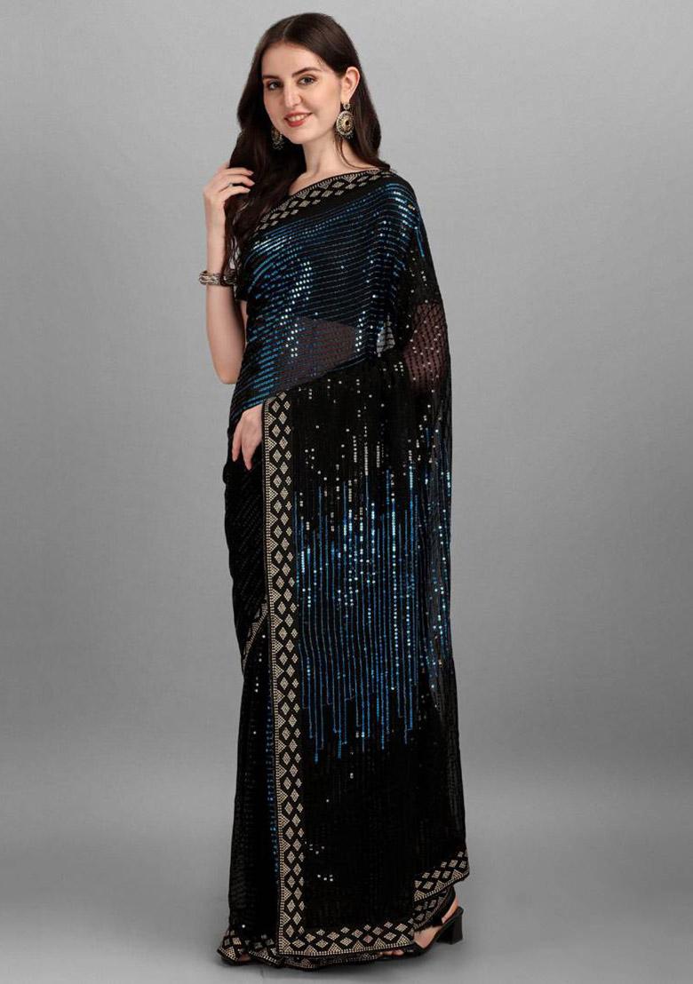 Blue Sequin Embroidered Georgette Saree Set - Indya