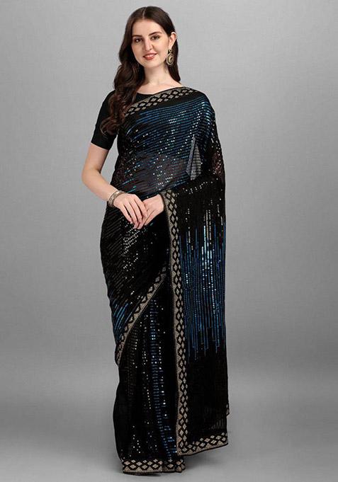 Blue Sequin Embroidered Georgette Saree Set