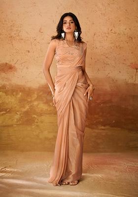 Beige Sequin Embroidered Poly Blend Saree Set