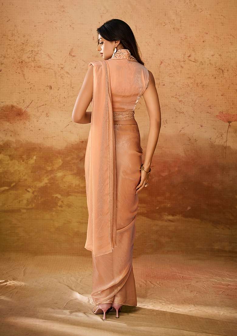 Beige Sequin Embroidered Poly Blend Saree Set - Indya