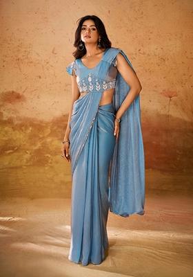 Blue Sequin Embroidered Poly Blend Saree Set