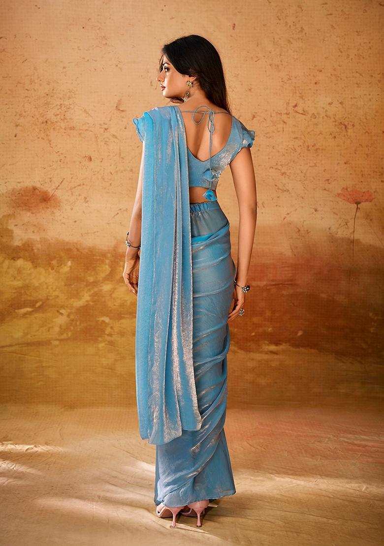 Blue Sequin Embroidered Poly Blend Saree Set