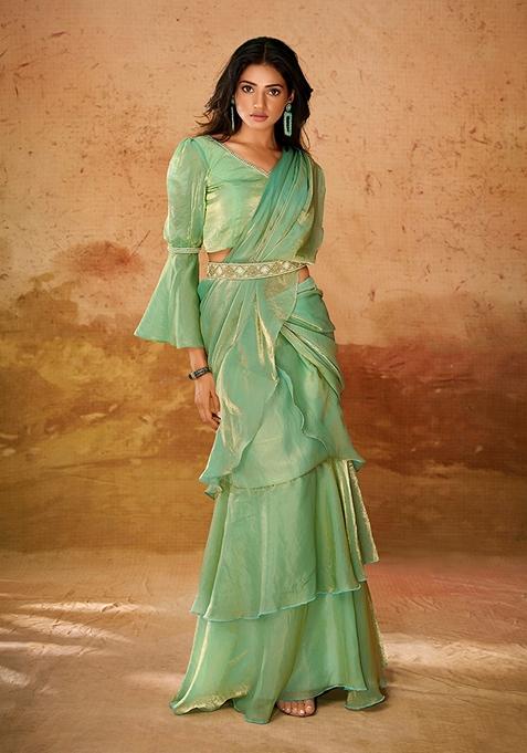 Green Solid Poly Blend Saree Set