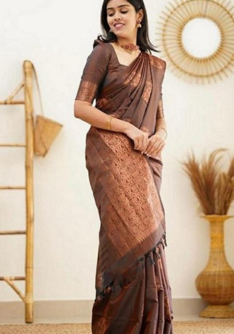 Brown Woven Design Jacquard Saree Set