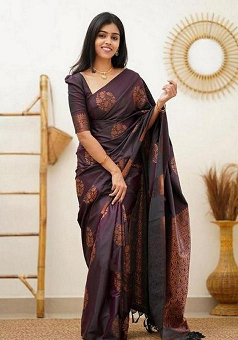 Magenta Woven Design Jacquard Saree Set