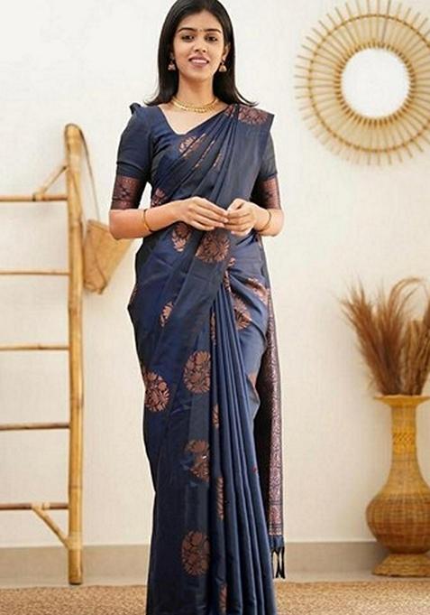 Navy Blue Woven Design Jacquard Saree Set