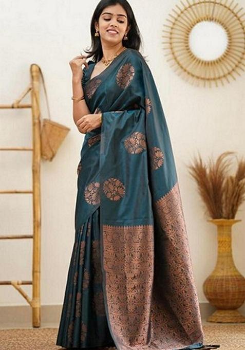 Teal Green Woven Design Jacquard Saree Set