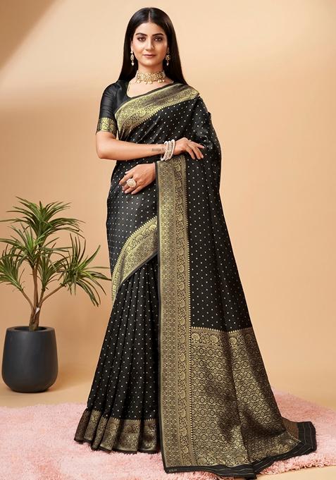 Black Woven Design Jacquard Saree Set