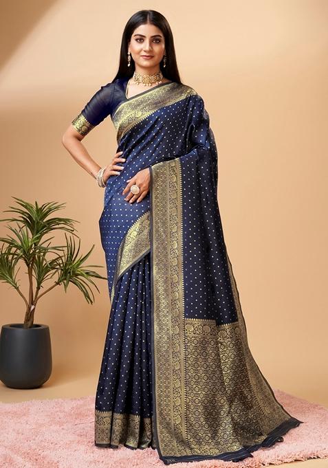 Navy Blue Woven Design Jacquard Saree Set