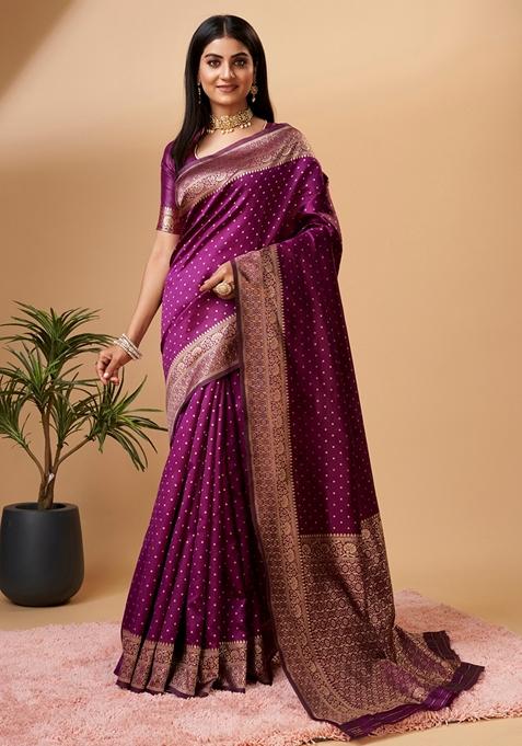 Purple Woven Design Jacquard Saree Set