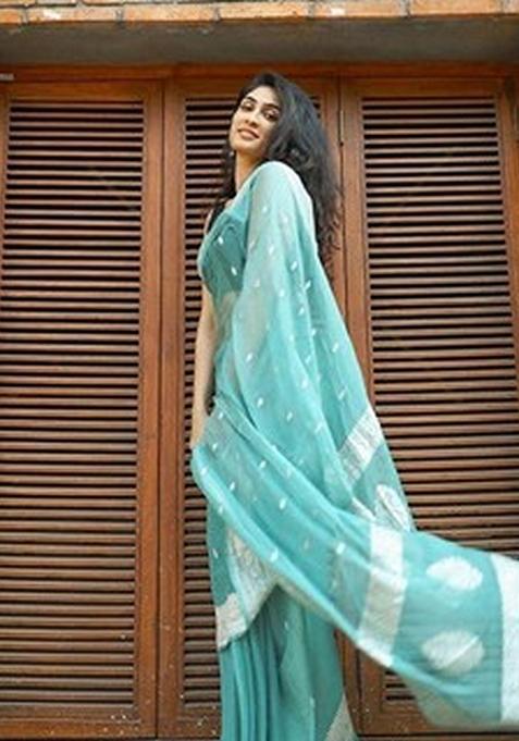 Sky Blue Woven Design Jacquard Saree Set