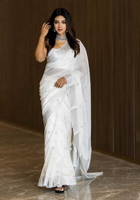 White Woven Design Jacquard Saree Set