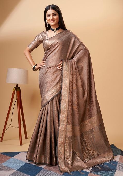 Beige Woven Design Jacquard Saree Set