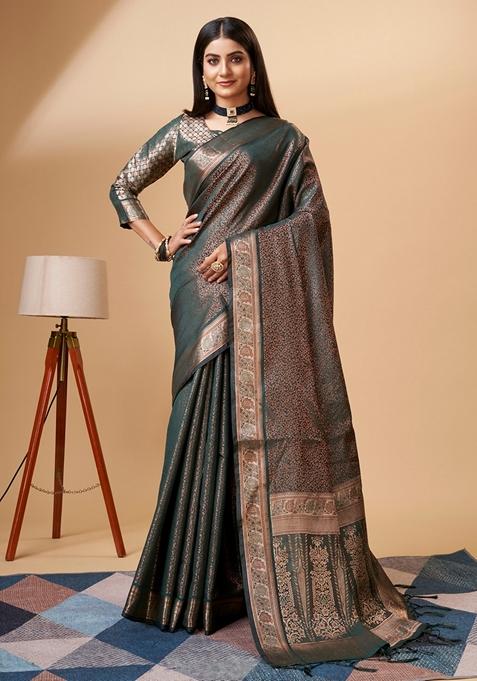 Green Woven Design Jacquard Saree Set