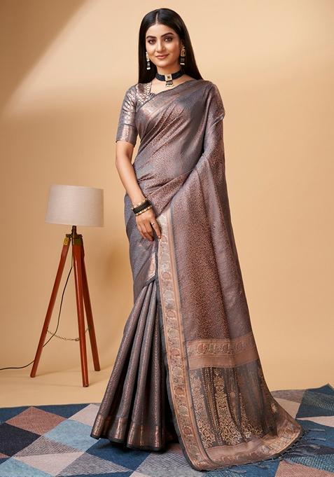 Grey Woven Design Jacquard Saree Set