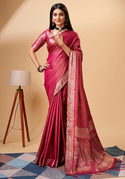 Pink Woven Design Jacquard Saree Set