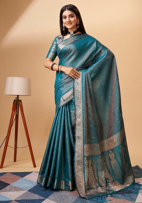 Rama Blue Woven Design Jacquard Saree Set