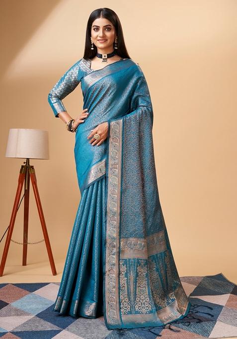 Sky Blue Woven Design Jacquard Saree Set