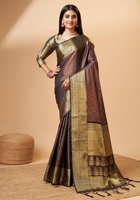 Black Woven Design Jacquard Saree Set