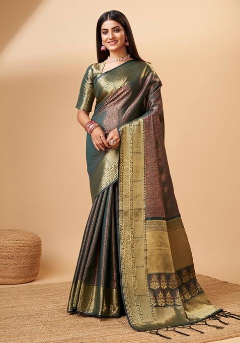 Green Woven Design Jacquard Saree Set