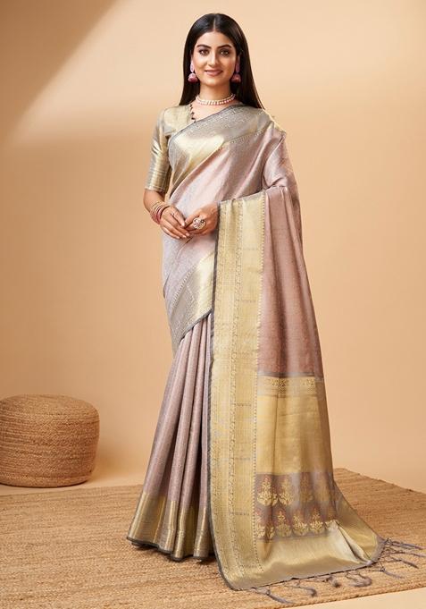 Grey Woven Design Jacquard Saree Set