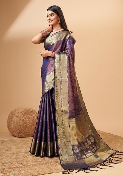 Navy Blue Woven Design Jacquard Saree Set