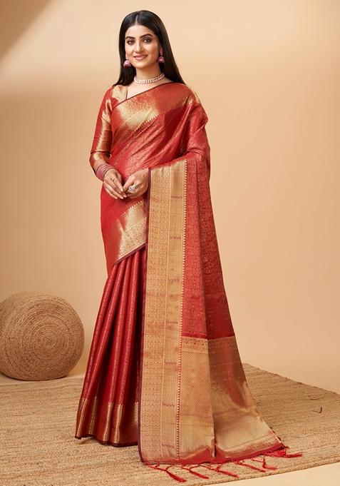 Red Woven Design Jacquard Saree Set