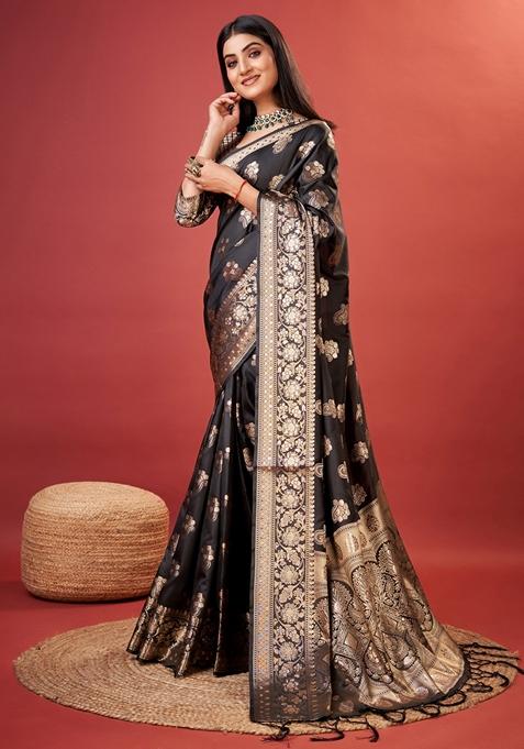 Black Woven Design Jacquard Saree Set