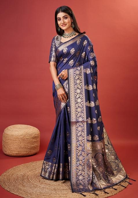 Navy Blue Woven Design Jacquard Saree Set