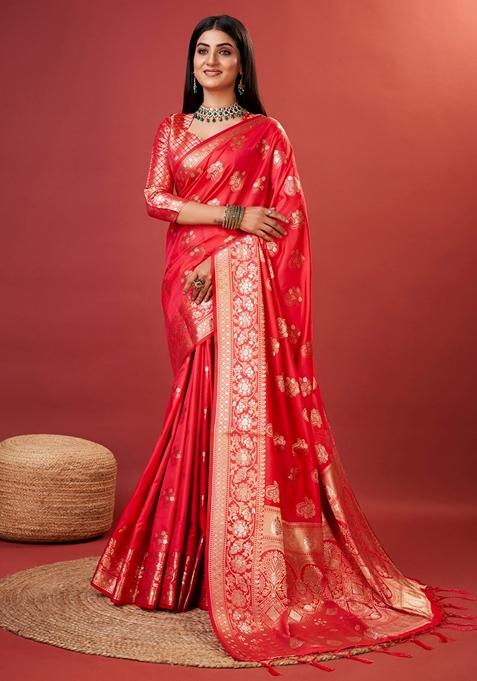 Pink Woven Design Jacquard Saree Set