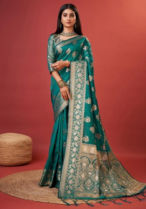 Turquoise Woven Design Jacquard Saree Set