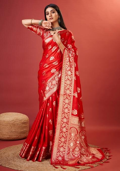 Red Woven Design Jacquard Saree Set